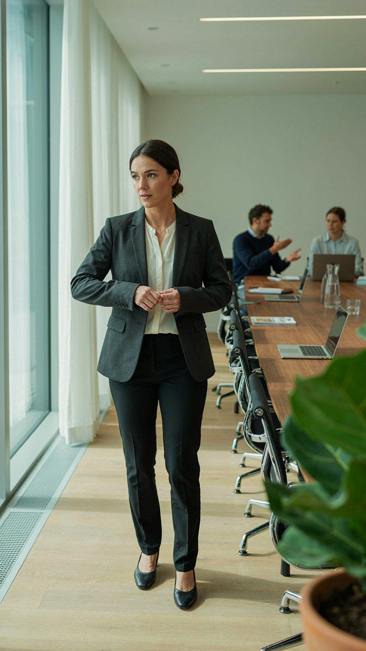 A woman adjusts her clothing in a conference room, responding to the environment.