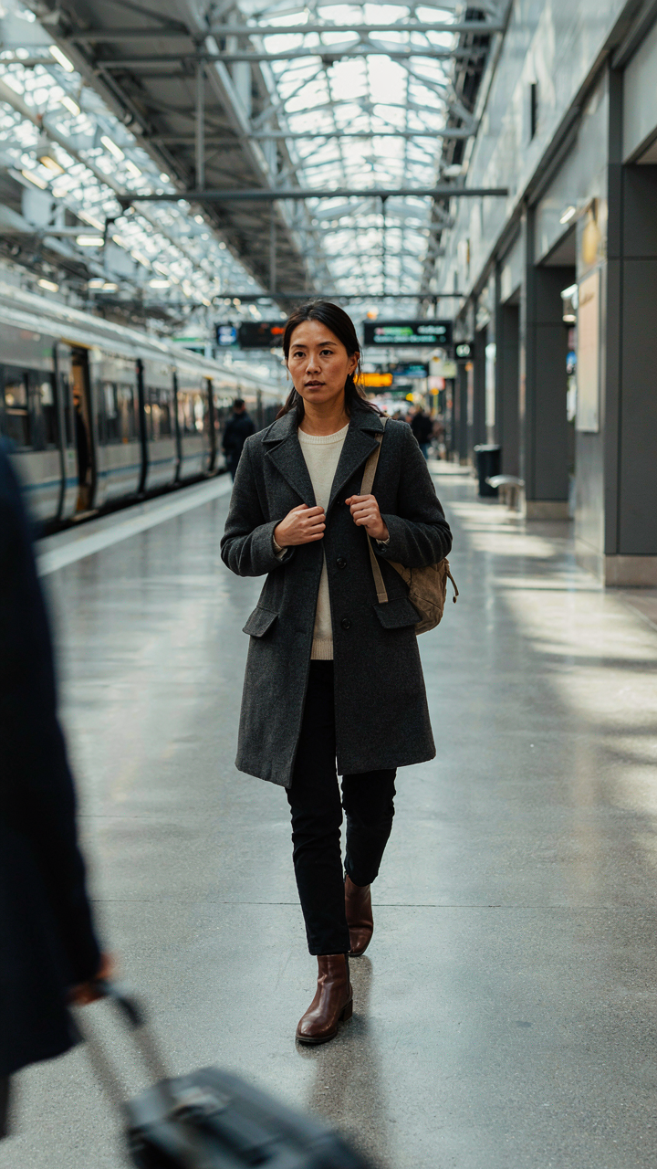 A woman walks confidently through a train station with only one small backpack.