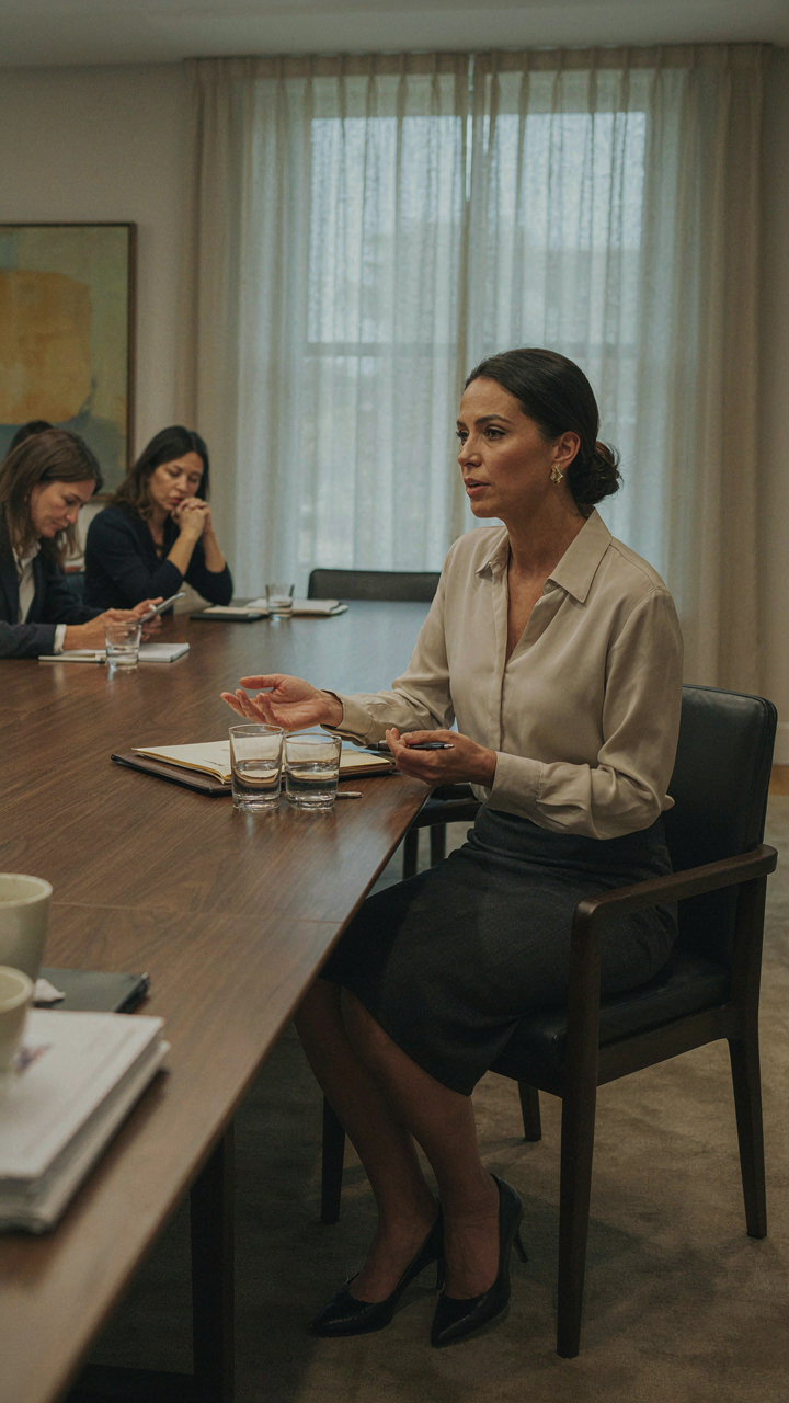 A confident woman in a formal meeting wears structured earrings.