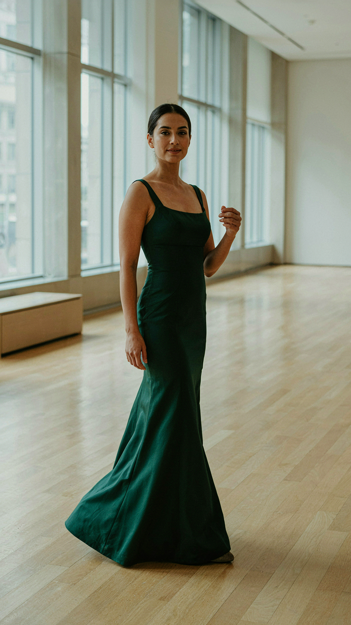 A woman in an evening gown practices walking with confidence.