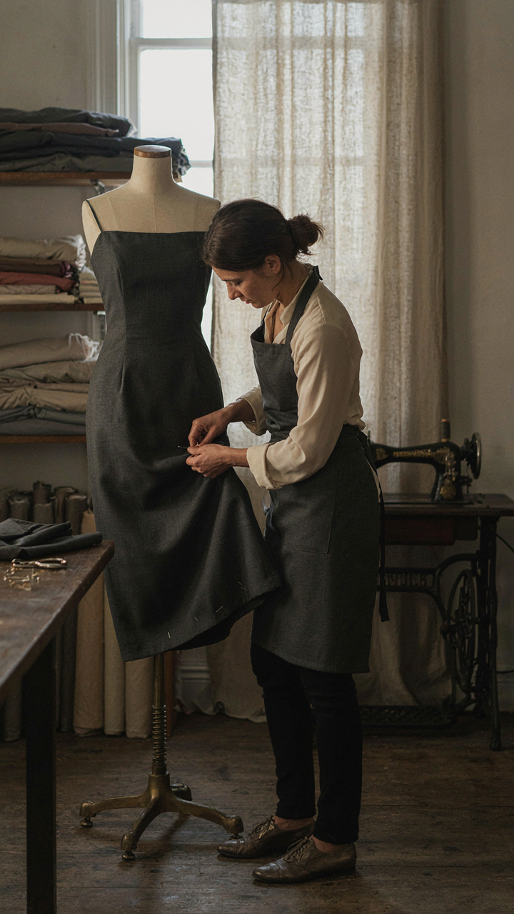 A tailor meticulously adjusts the hem of a dark cocktail dress on a mannequin.