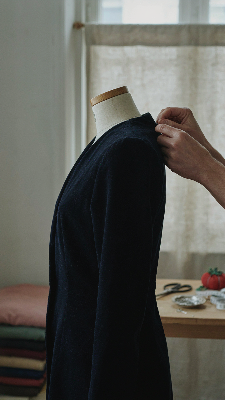A tailor's hands carefully pinning a dark velvet garment on a mannequin.