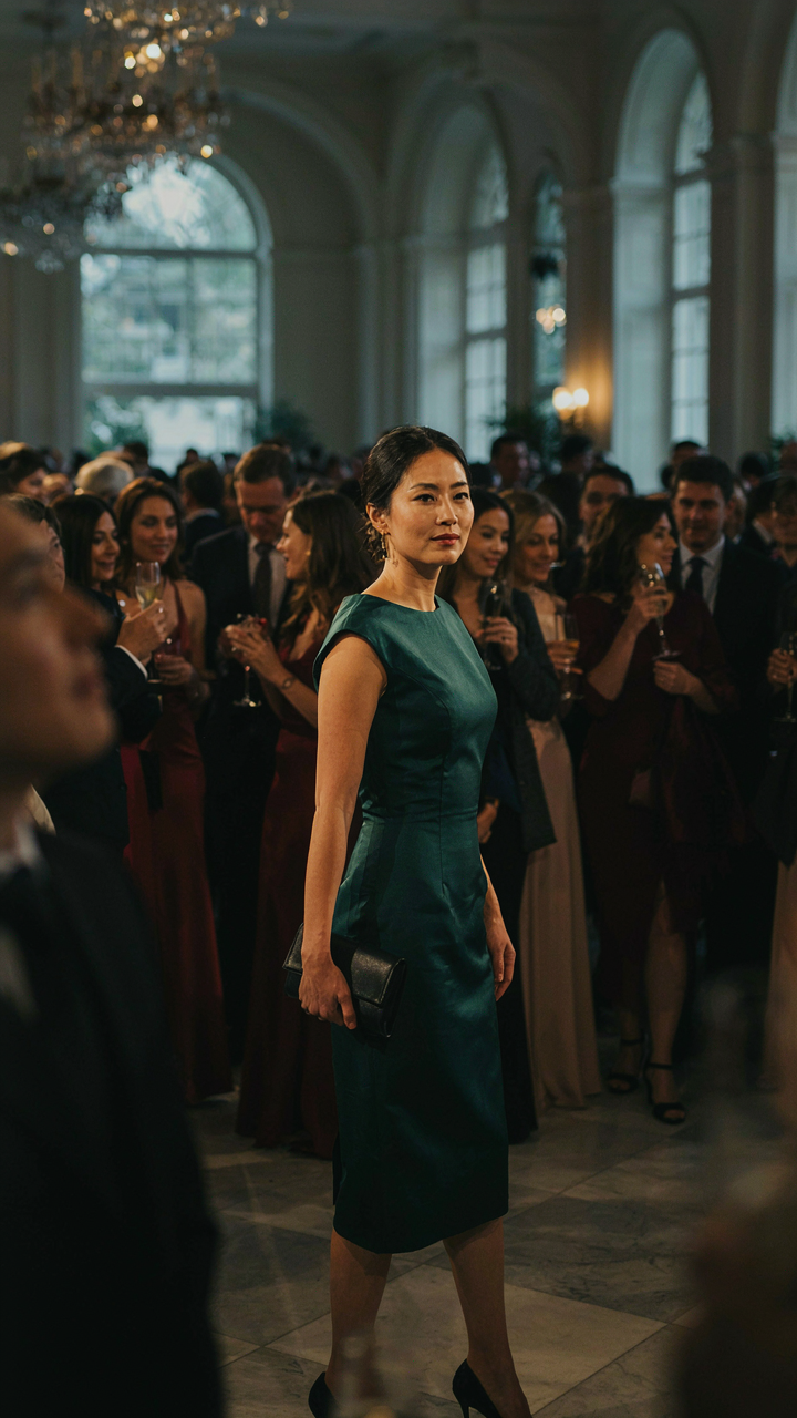 A woman in a knee-length silk dress moves through a crowded hall.