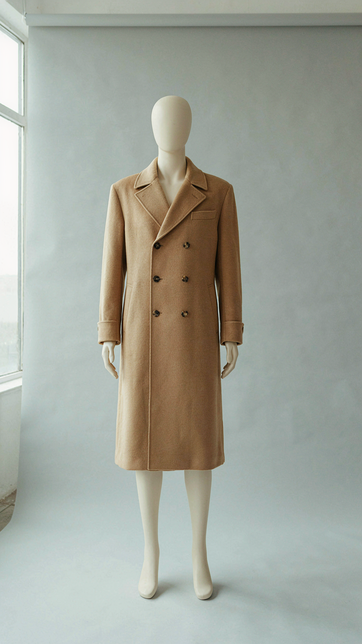 A structured wool coat with a defined waist hangs on a mannequin.