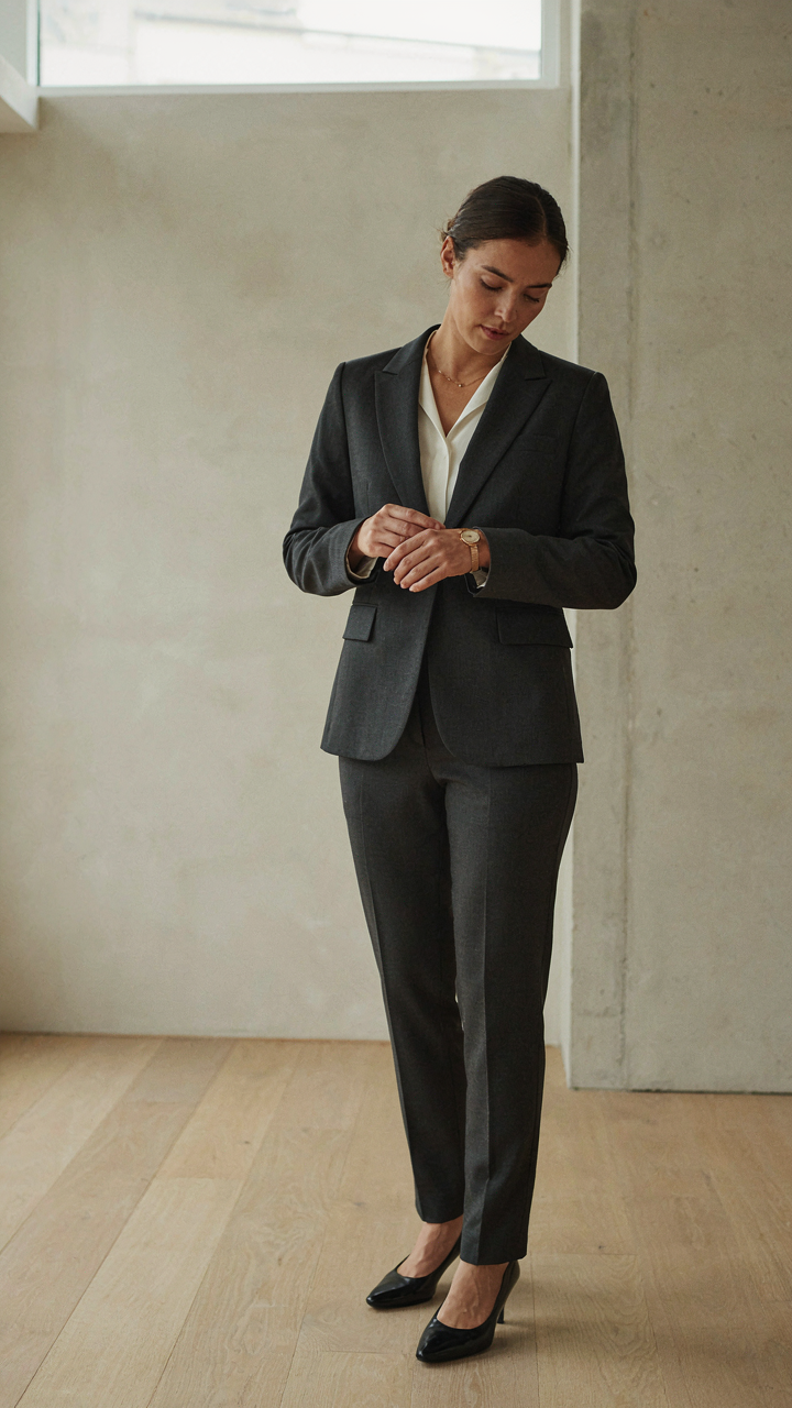 Woman in a tailored dark suit making a subtle adjustment to an accessory.