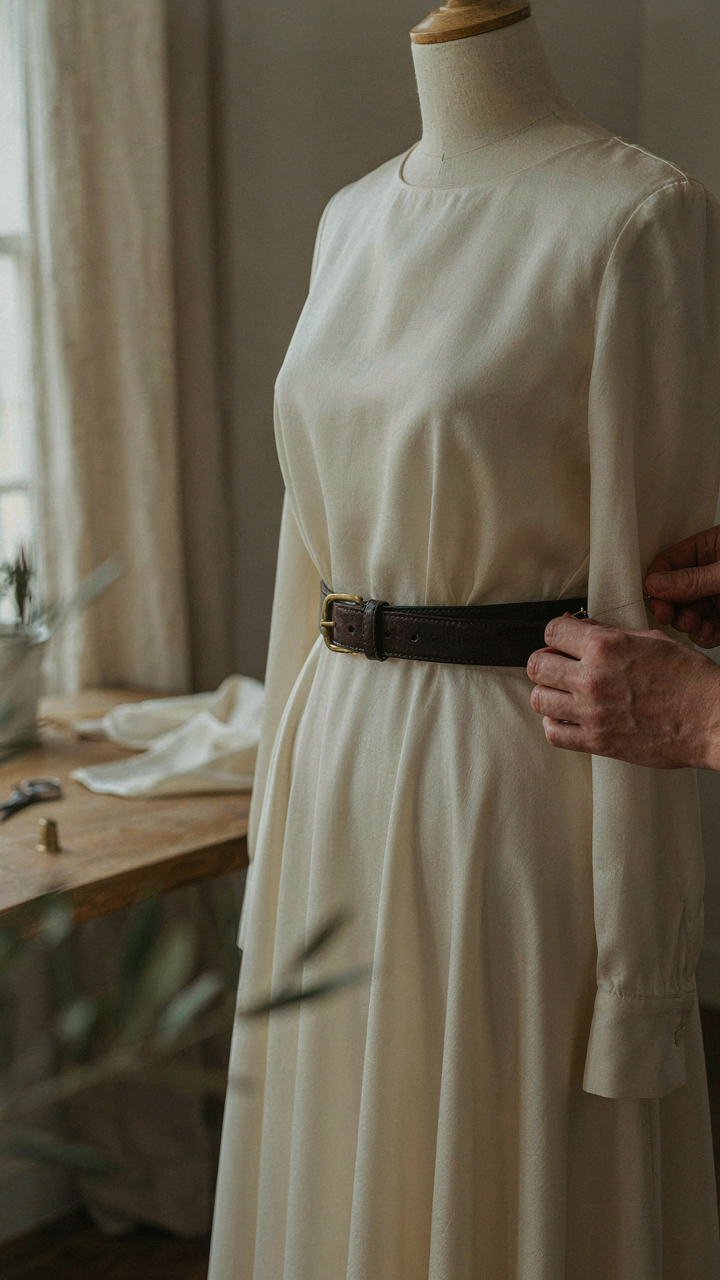 A tailor pins a leather belt onto a structured formal dress on a mannequin.