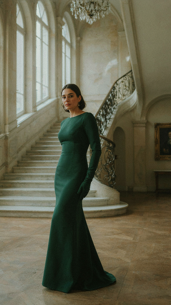 A woman with perfect posture in a long gloves evening dress.