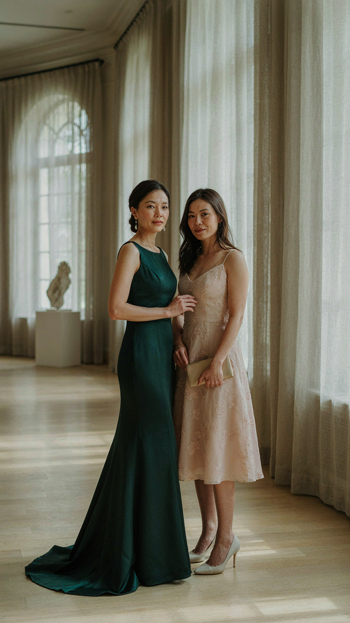 Two women, one in a formal gown and one in a semi-formal knee-length dress.