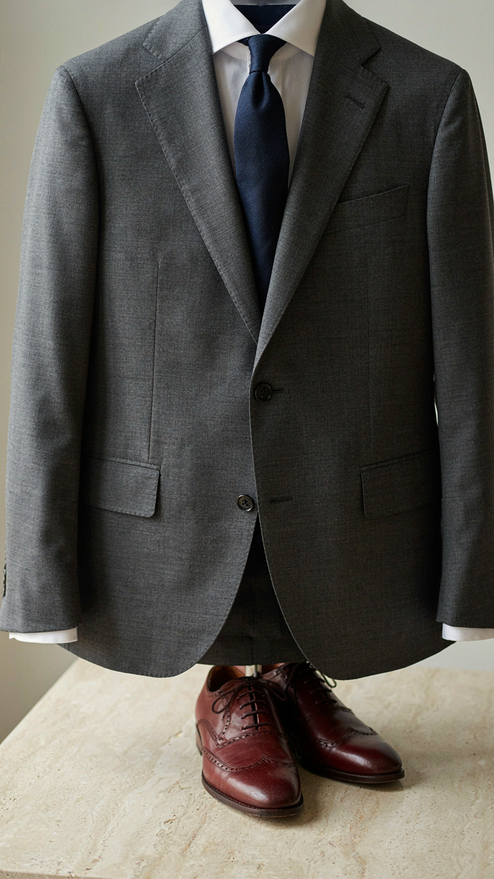 A close-up of a well-pressed linen suit and polished leather shoes.