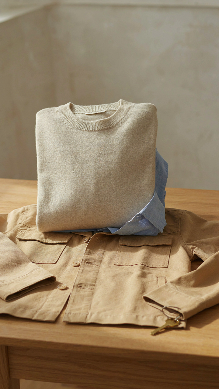 A merino sweater, linen shirt, and cotton jacket are layered on a table.