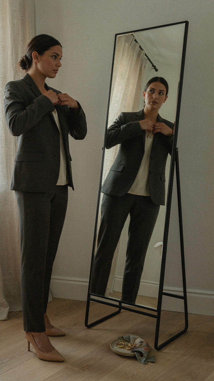 Woman adjusting a well-fitting charcoal blazer in front of a mirror.