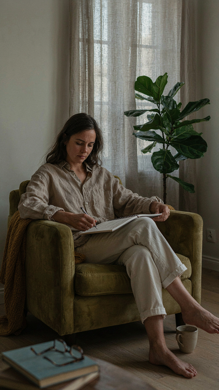Woman writing in a notebook while sitting comfortably in a soft linen shirt.