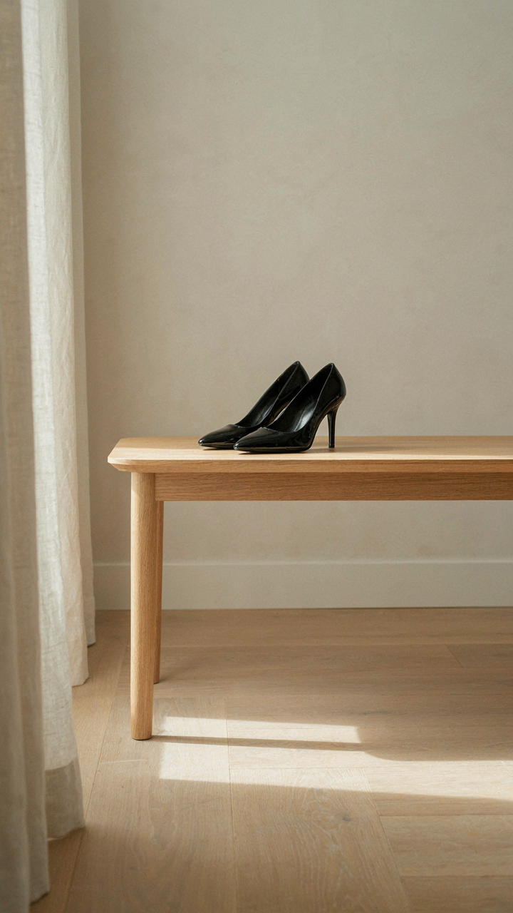 A single pair of impeccably crafted black patent leather pumps on a wooden bench.