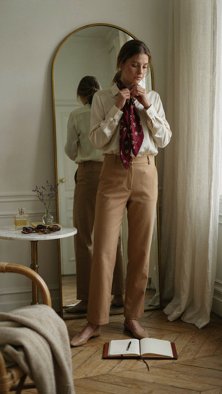 A woman adjusts a silk scarf in front of a mirror.