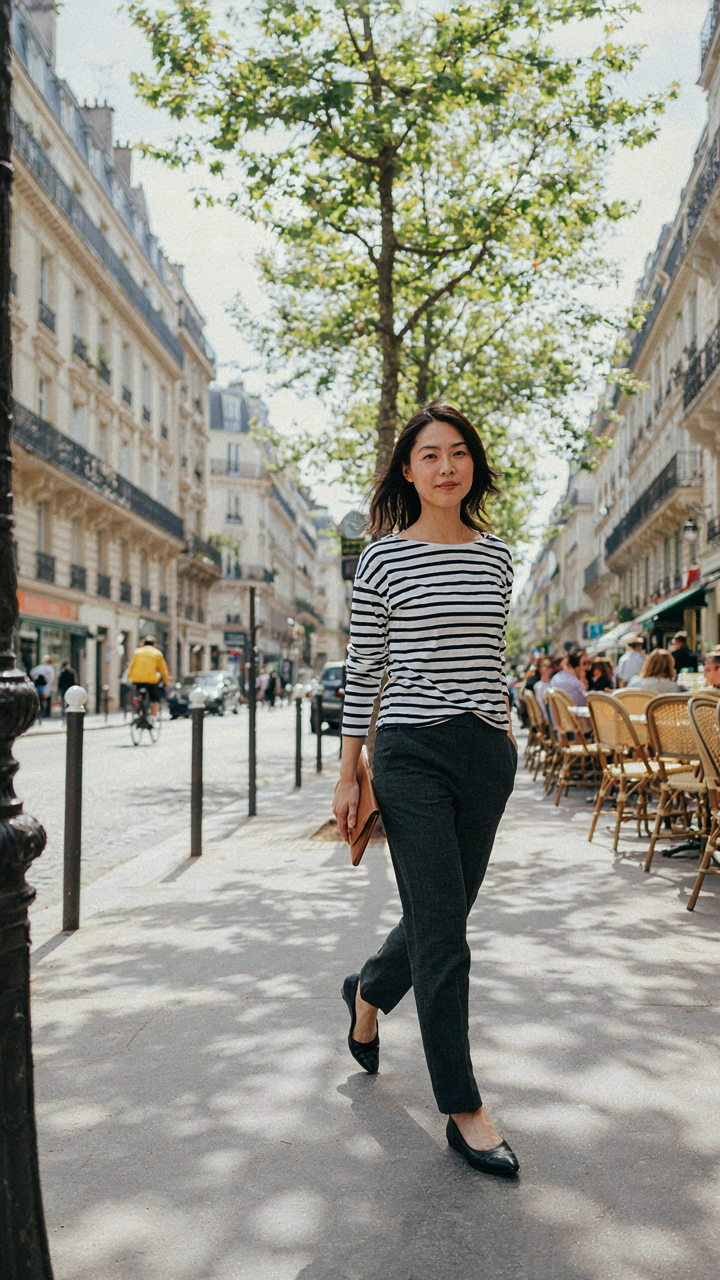 A woman confidently walks in a Breton shirt and dark trousers.