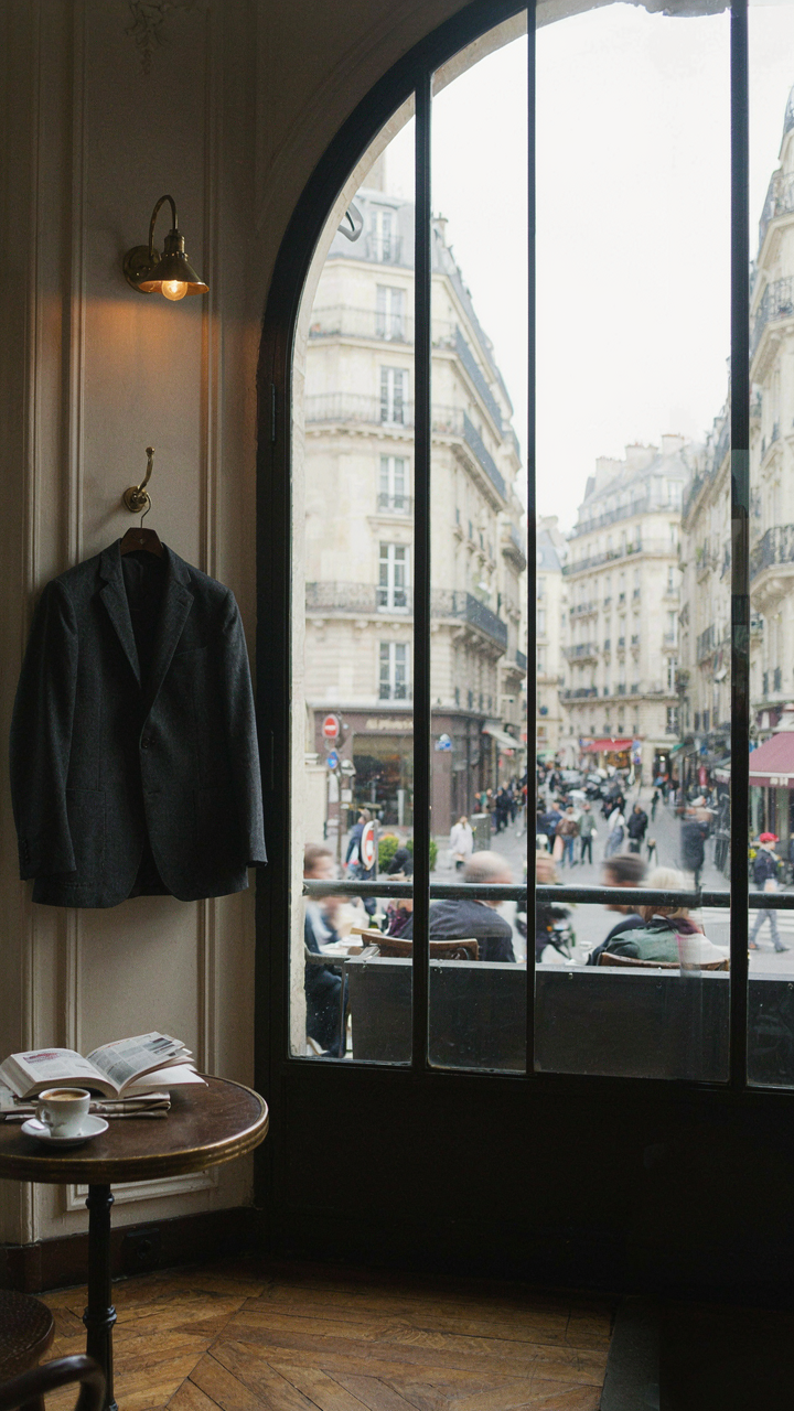 A structured dark blazer hangs in a cafe, street visible outside.