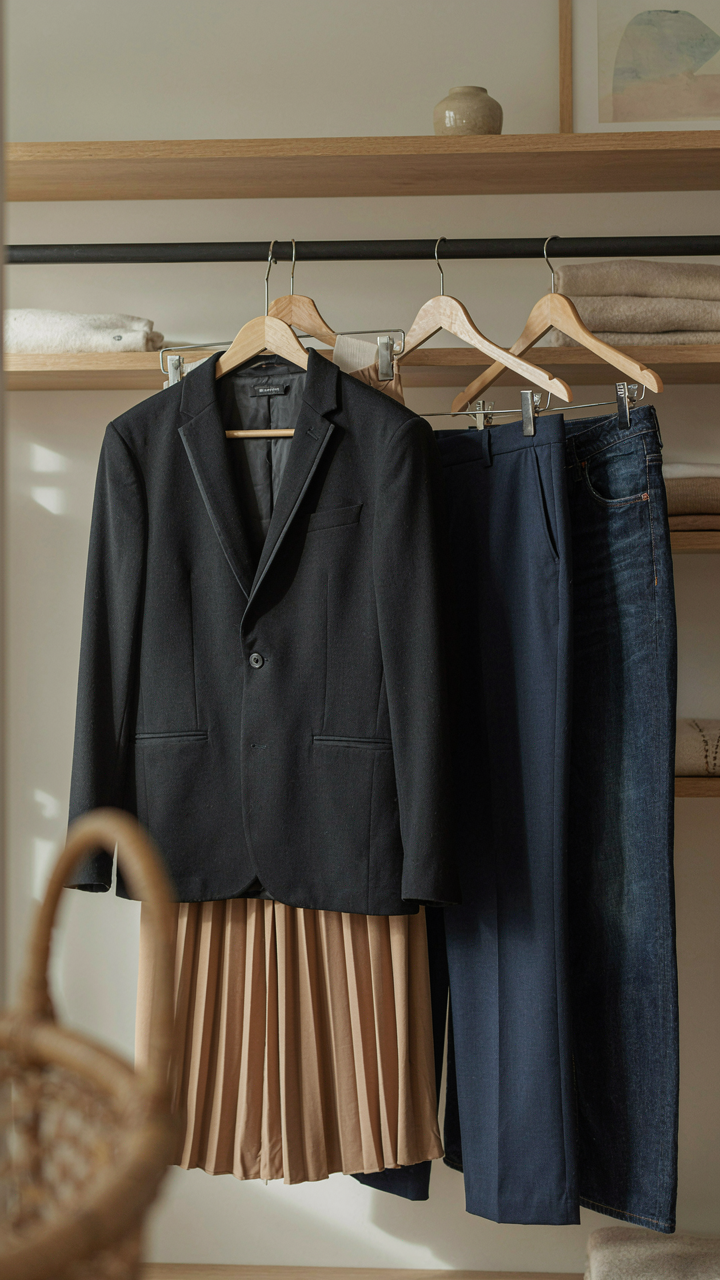 A blazer hangs next to a skirt, trousers, and jeans in a closet.
