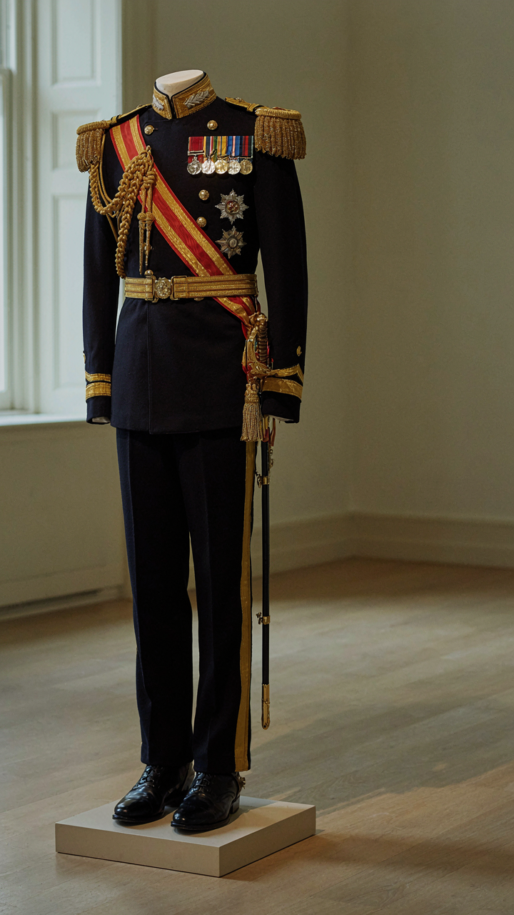 A formal, ceremonial uniform displayed meticulously on a mannequin.