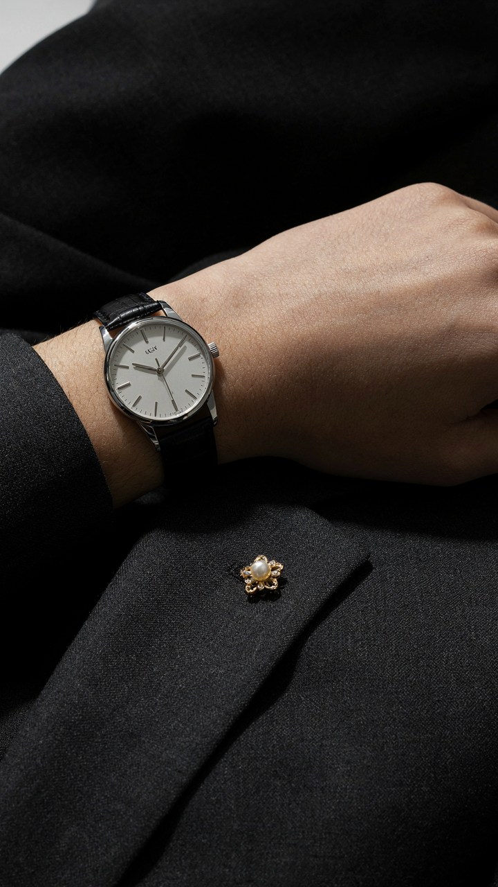 A classic watch on a wrist next to an elegant brooch on a lapel.
