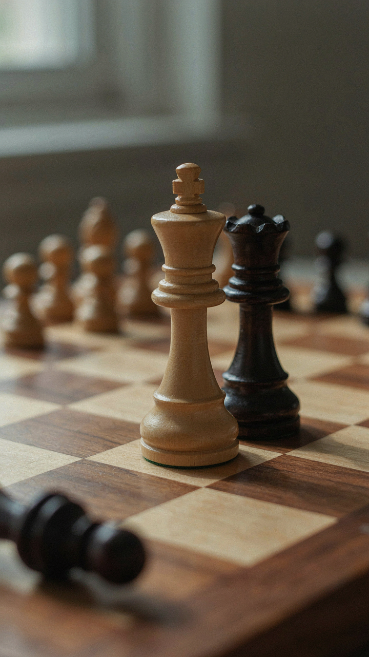 A king and queen chess piece are strategically placed on a wooden chessboard.