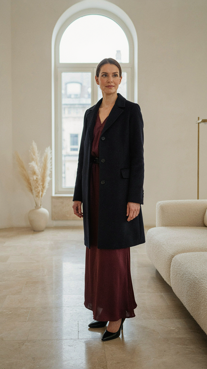 A classic tailored dark navy wool coat in a hotel lobby.