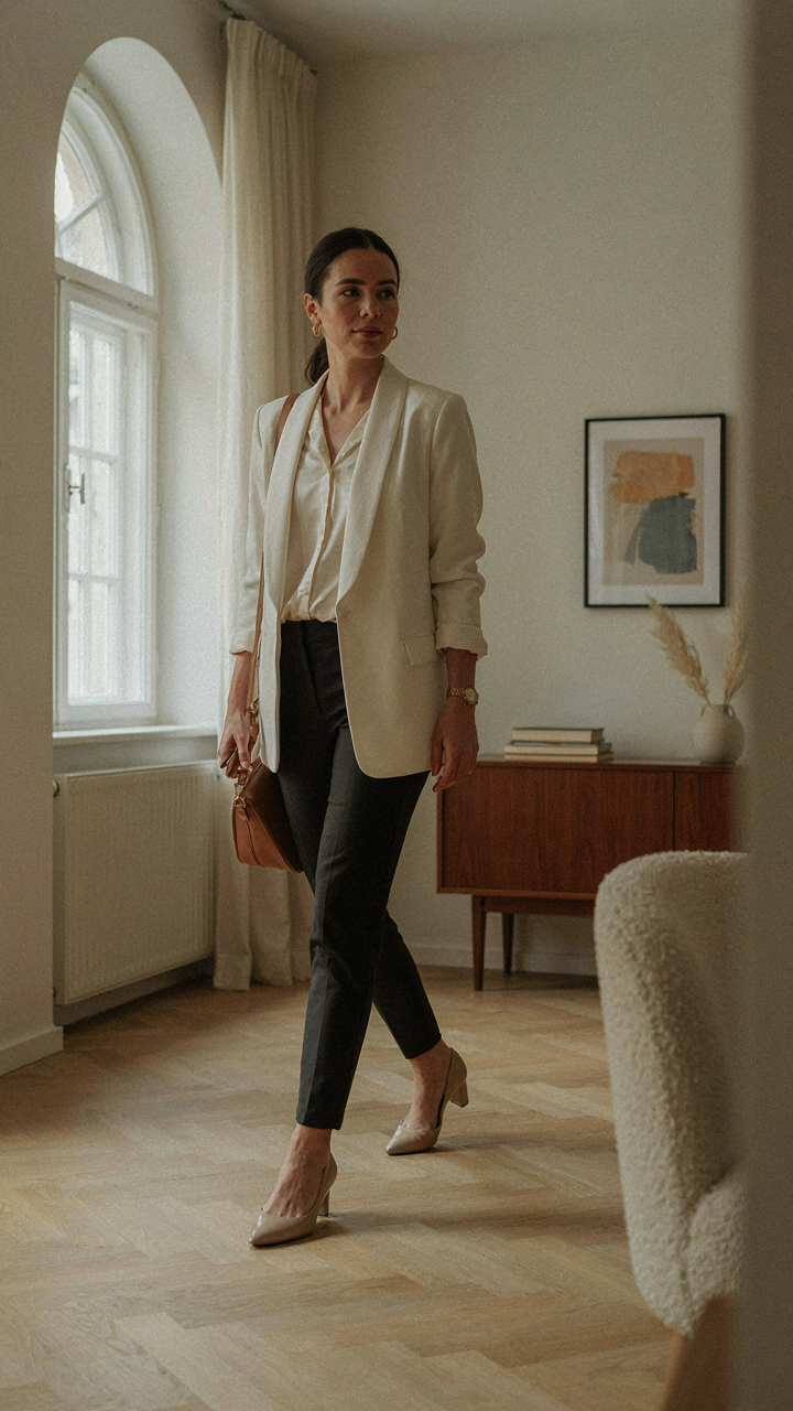 A woman in a structured blazer and simple accessories walks confidently.