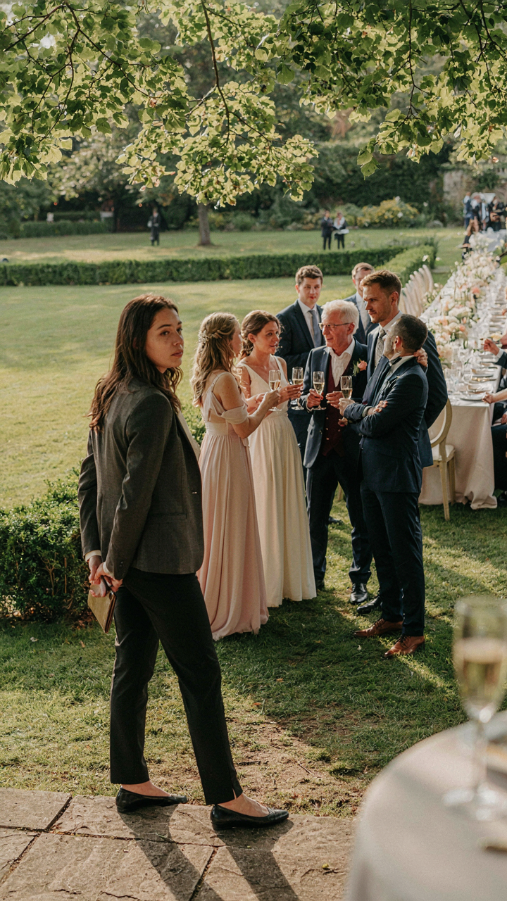 A person subtly observes guests at a wedding reception to understand the dress code.