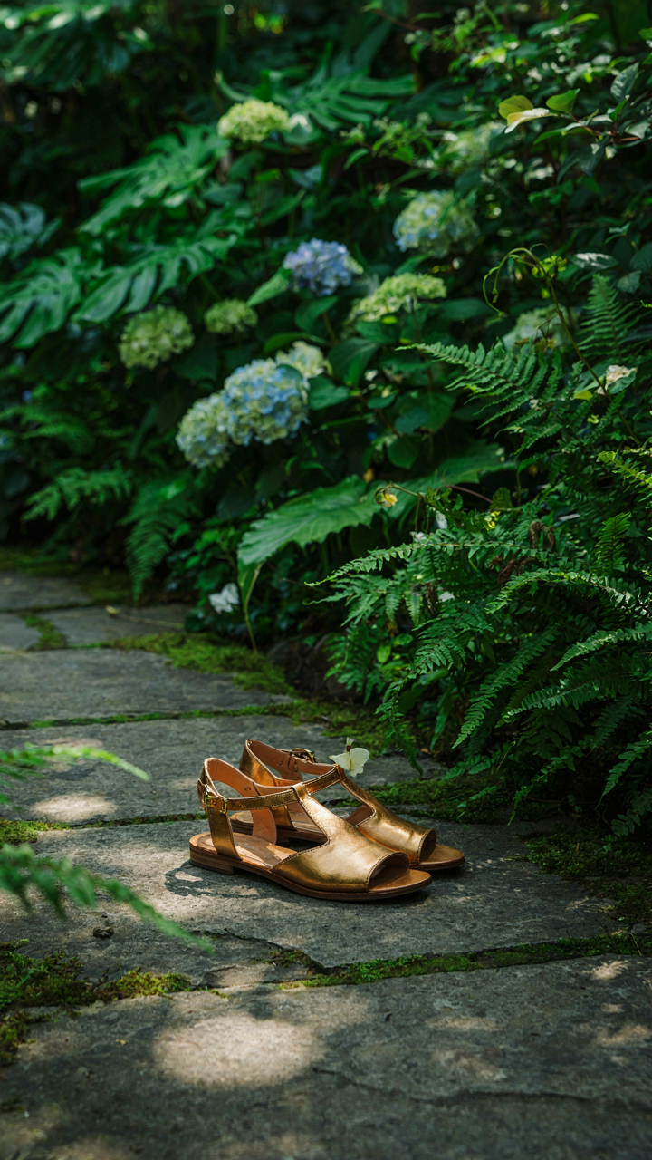 Gold-toned leather sandals rest on a stone path in a lush garden.