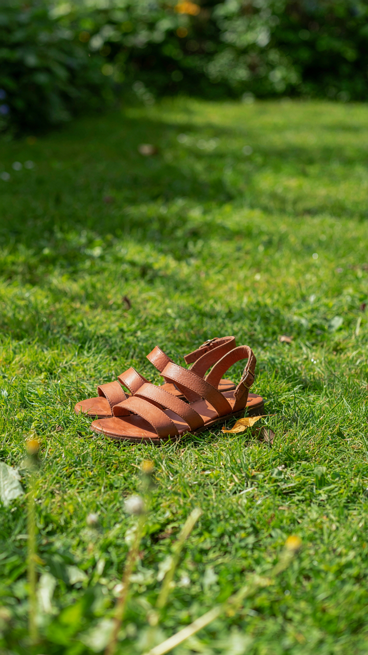 Stylish flat sandals with rigid soles on a grassy lawn.