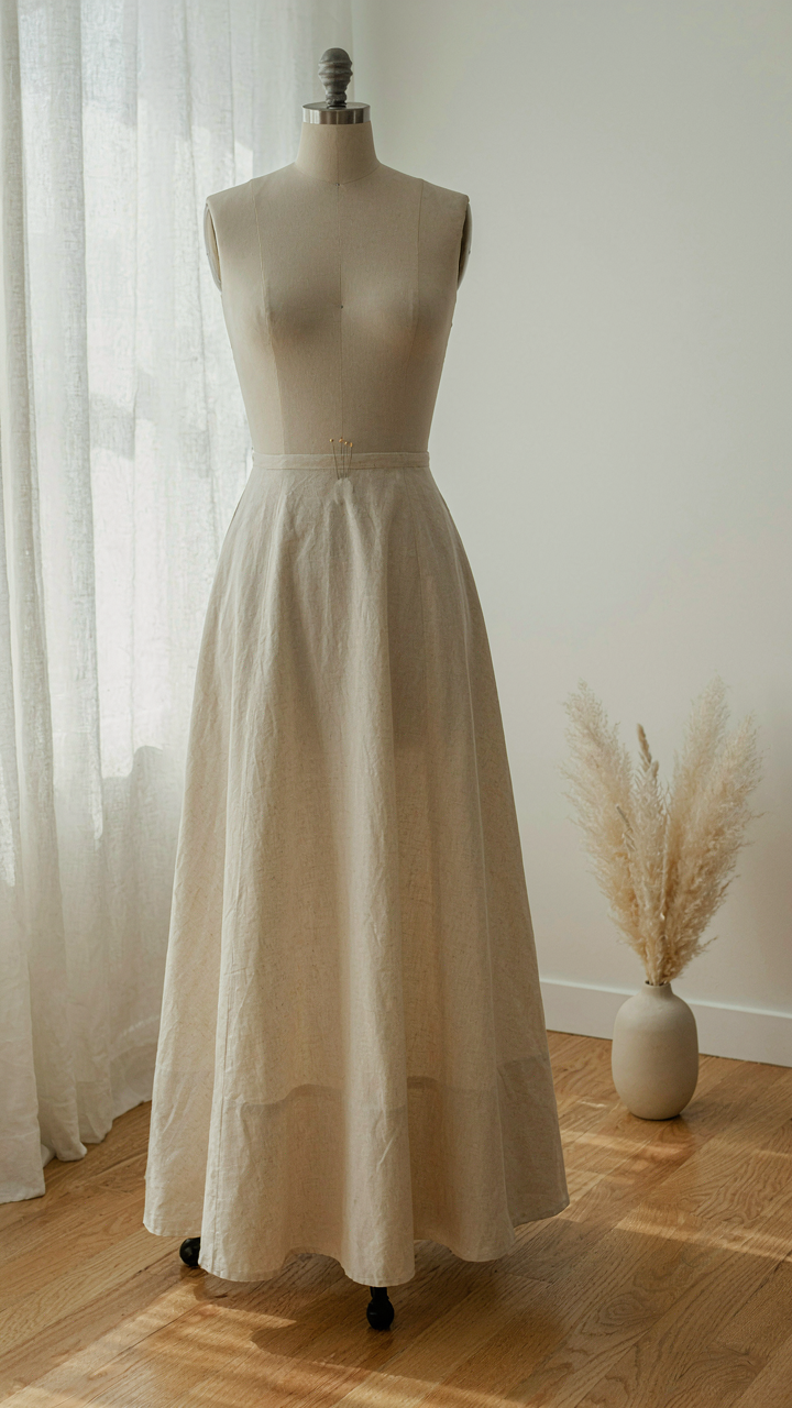 A-line cotton dress on a mannequin shows its structured silhouette.