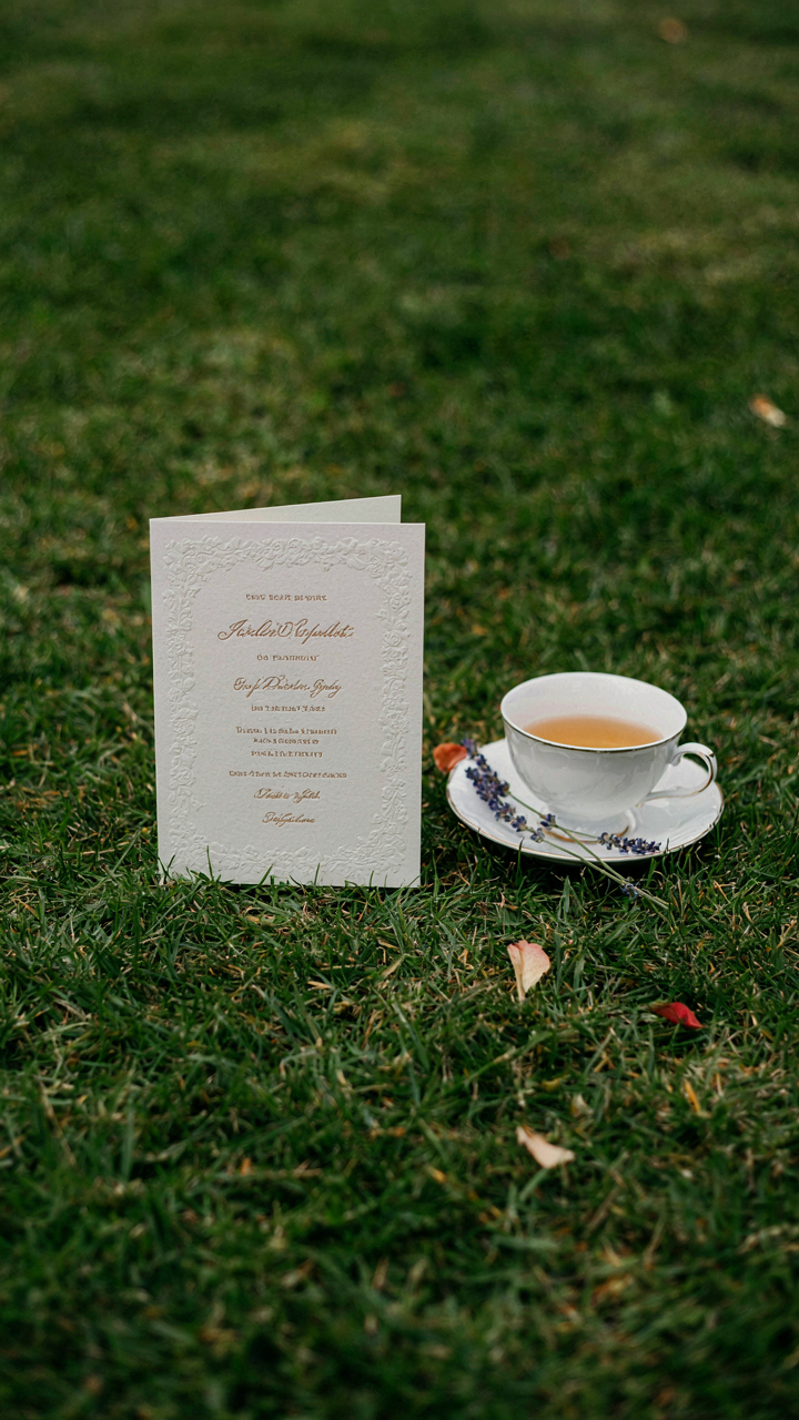 Elegant garden party invitation card rests on green lawn next to a teacup.