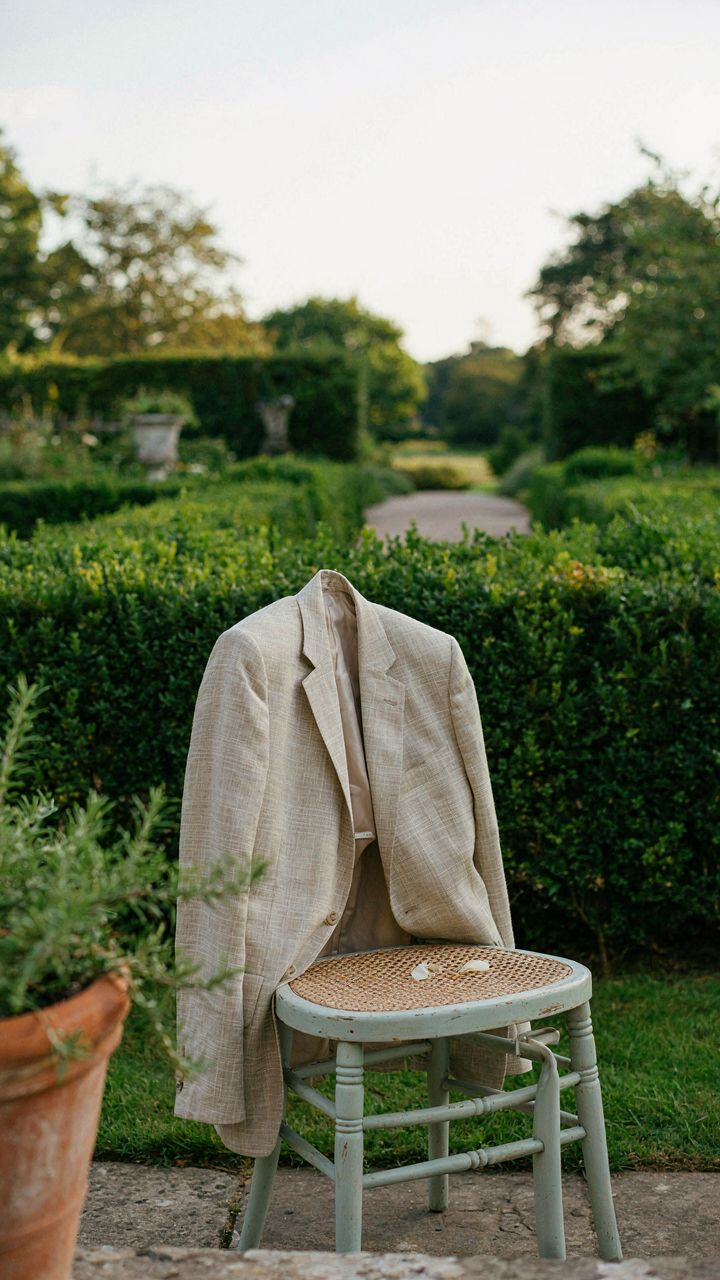 A structured cream linen blazer with a subtle pattern rests on a garden chair.