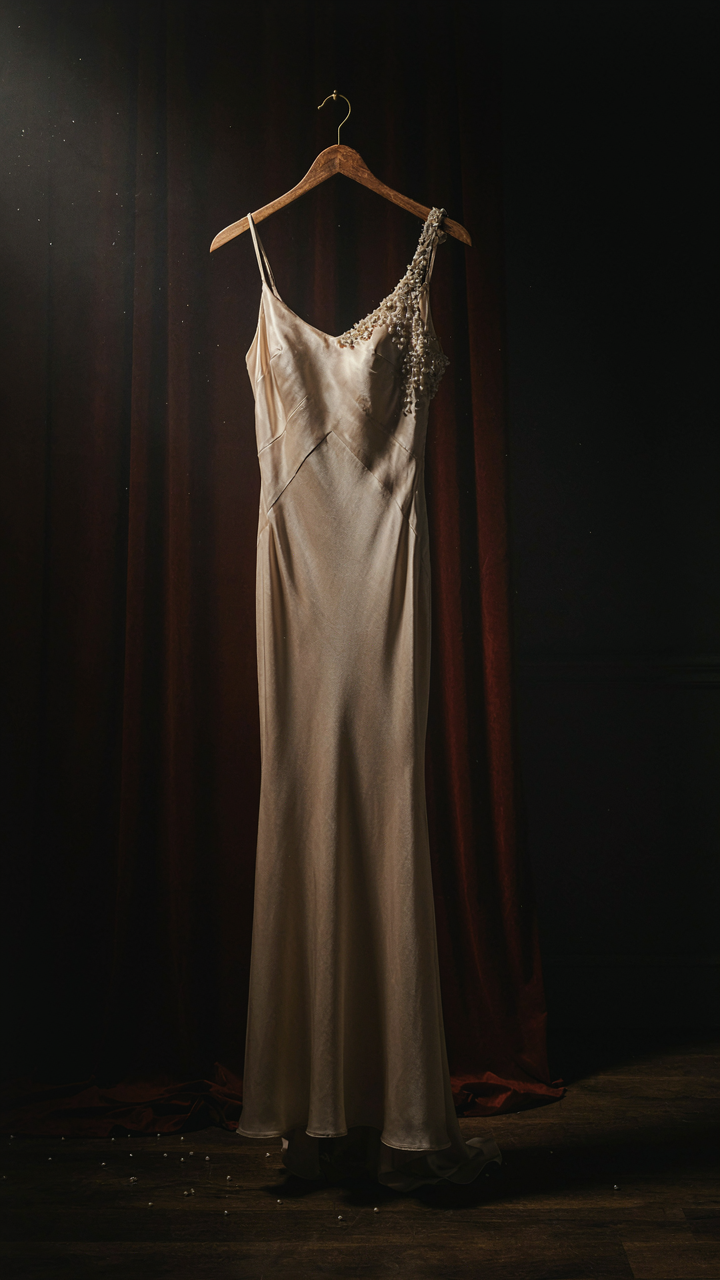 A silk charmeuse dress with hand-finished beadwork hangs elegantly.