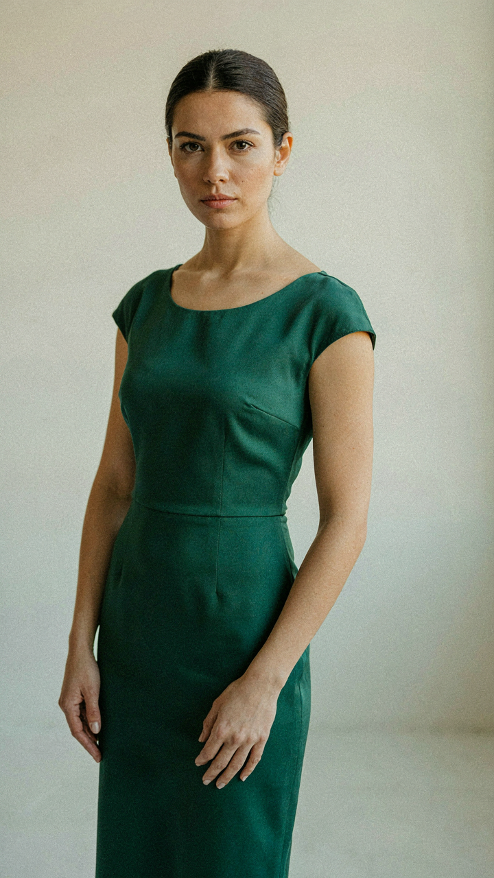 A woman in a midi dress looks directly into the camera with an intense gaze.