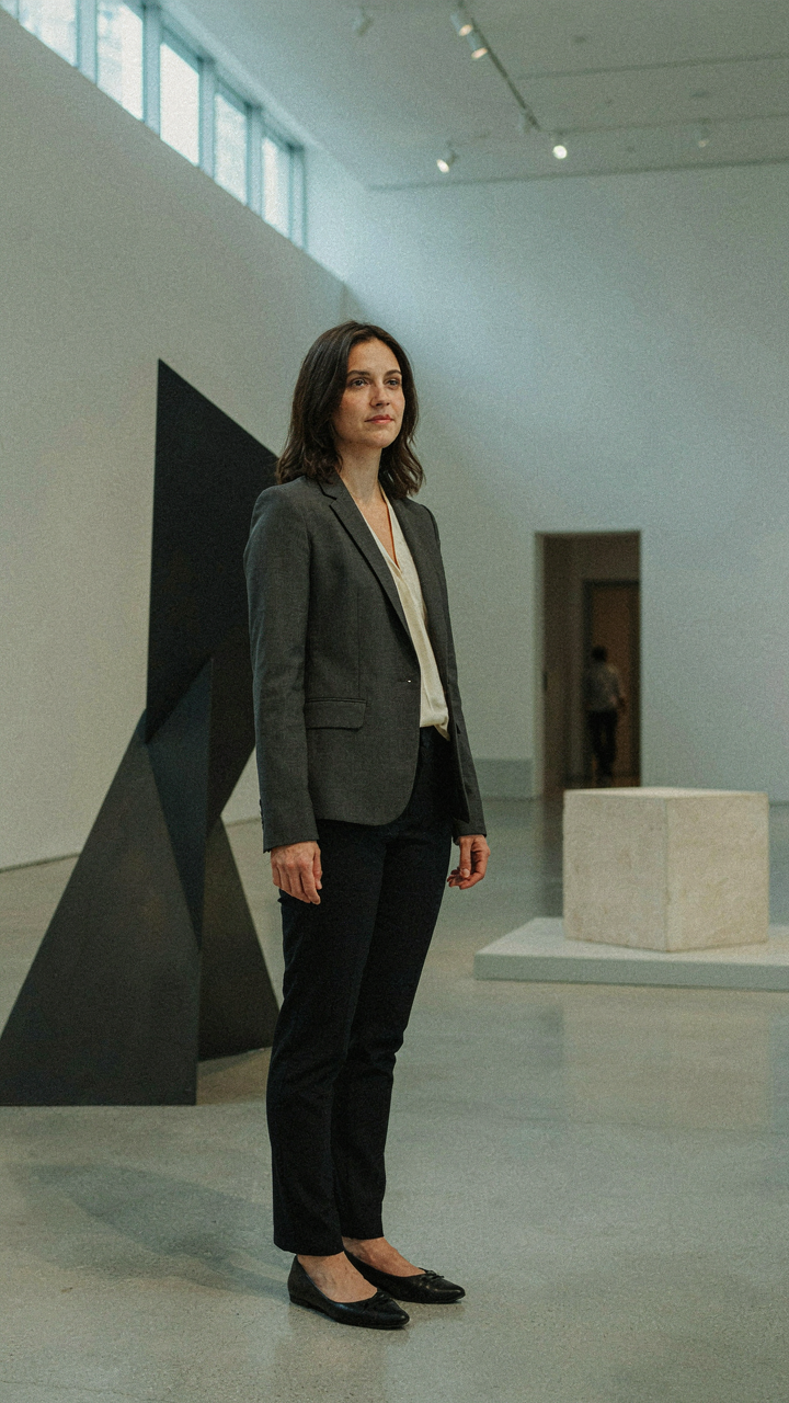 A woman stands confidently in an art gallery, her shape outlined by sculptures.