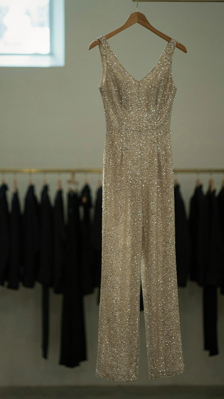 A champagne sequin jumpsuit hangs distinctly among black clothing.