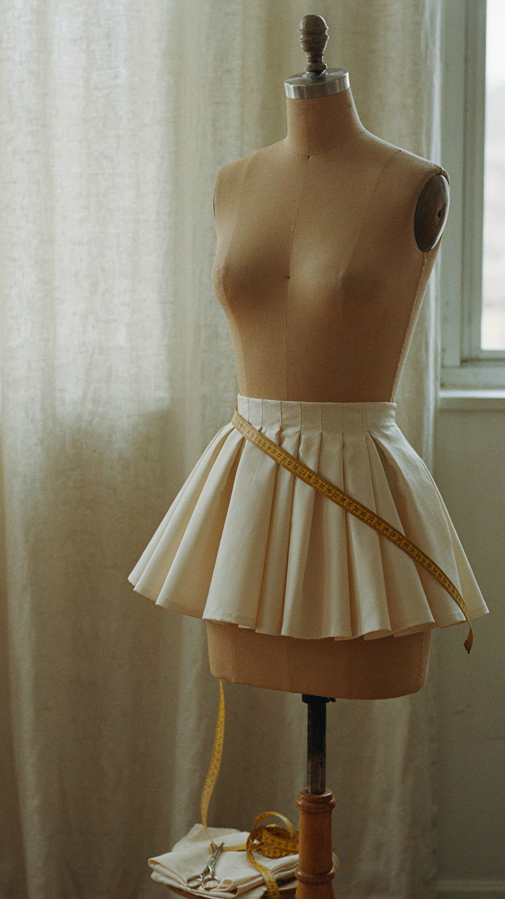 A dress form shows a three-inch peplum ruffle precisely at the waist.