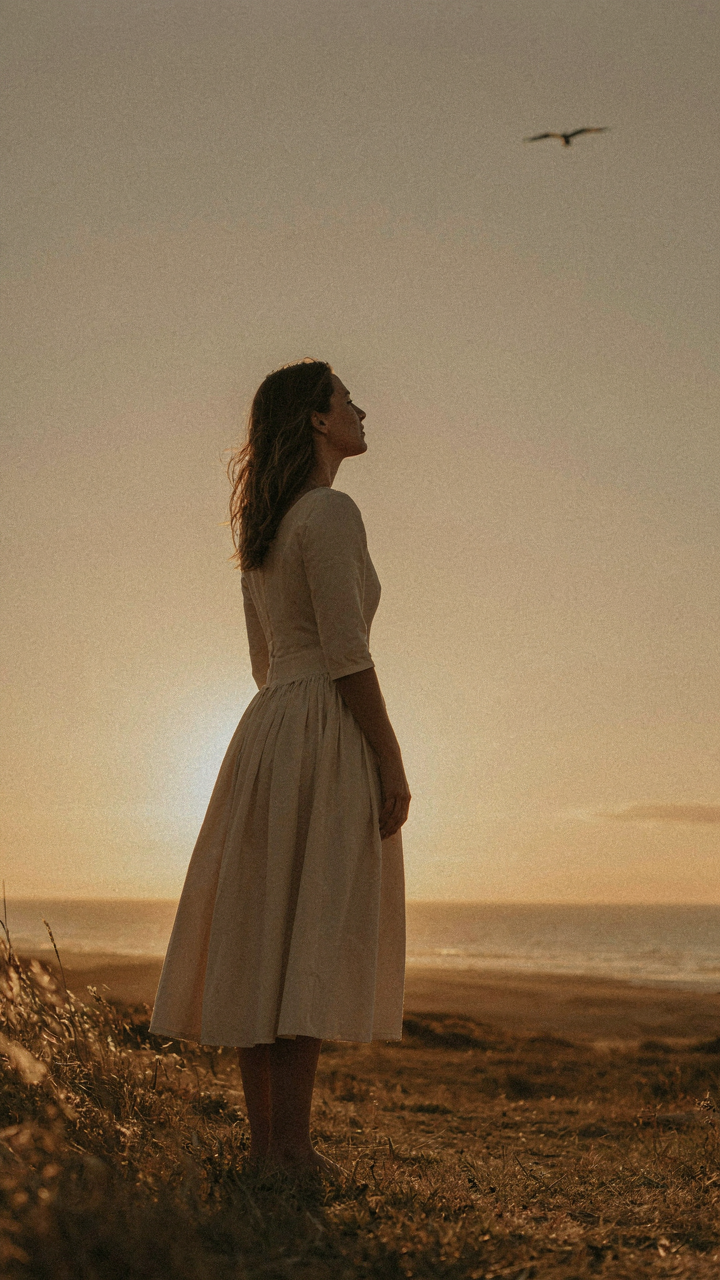 A woman in an empire waist dress is silhouetted at golden hour.