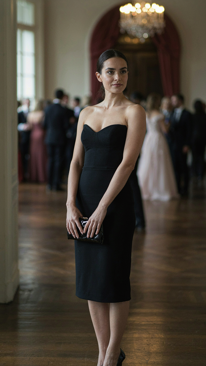 Woman in a black sweetheart neckline dress with a clutch at a formal event.