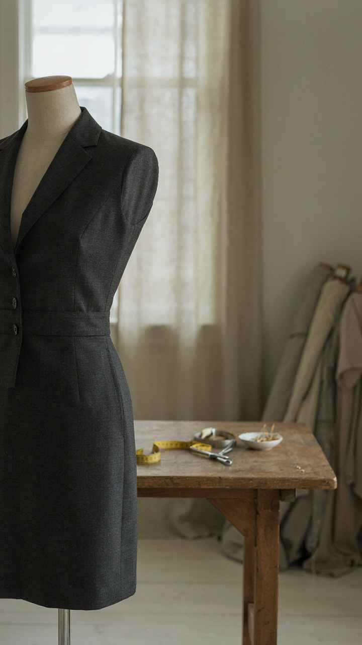 Tailor's dummy with a structured wool blazer dress, showing a fitted waist.
