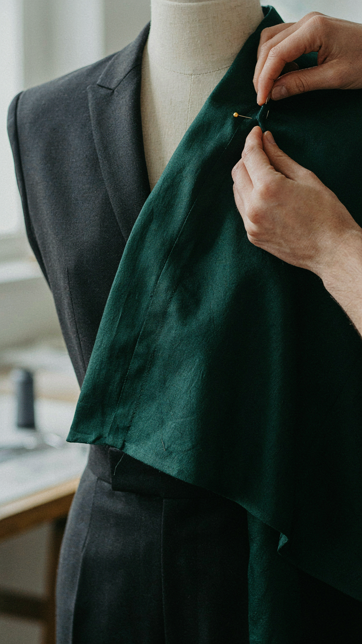 A tailor's hands carefully drape heavy silk fabric onto a mannequin's formal jumpsuit.