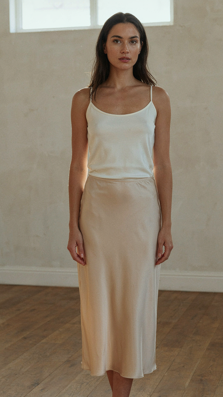 A woman wearing a satin midi skirt and a fitted camisole, with perfect posture.