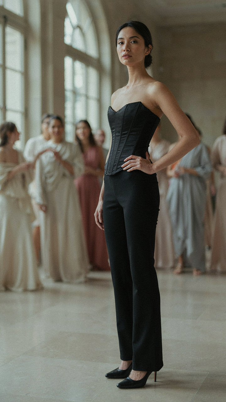 A woman in a structured black corset top stands out among people in soft clothes.