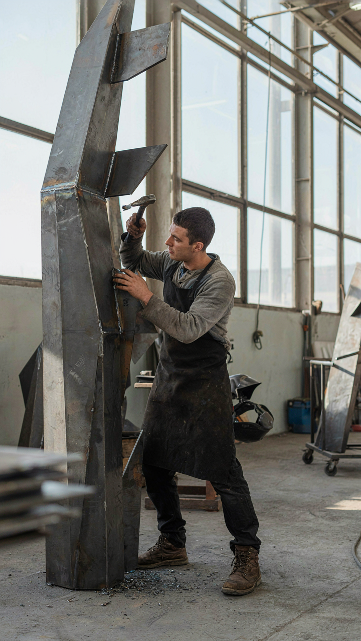A sculptor works on an architectural metal sculpture, showing rigid forms.