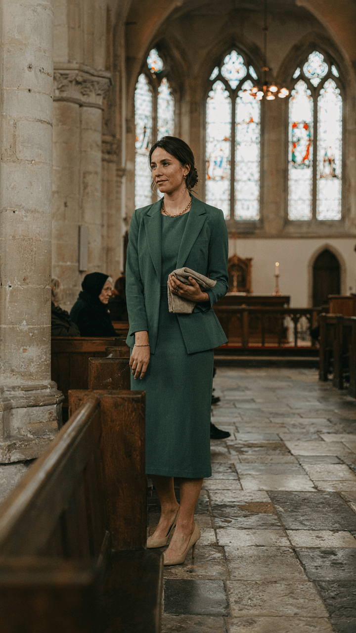 A woman in a tailored green church wedding guest dress and blazer stands in a church.