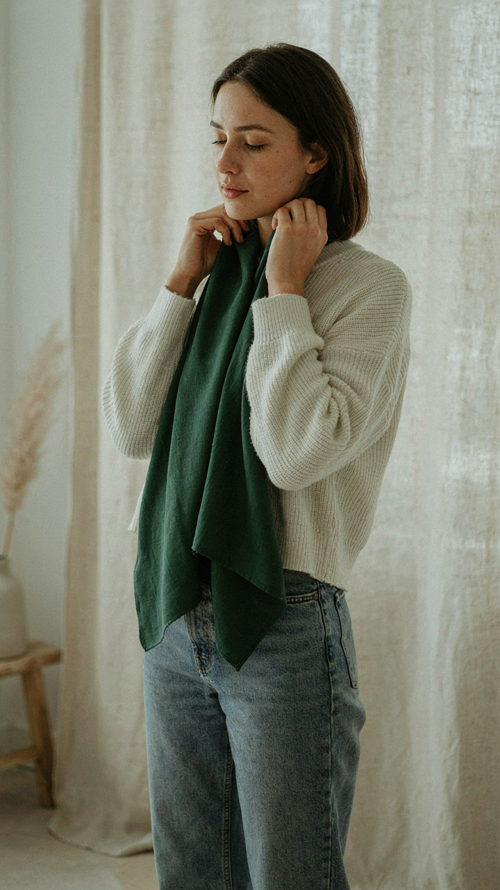 A woman holds green fabric to her neck to check skin tone.