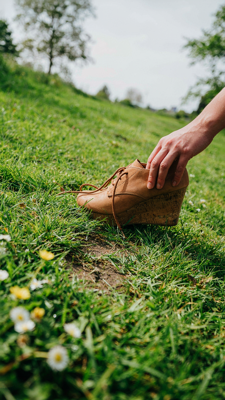 A hand presses a wedge shoe into damp, sloping grass to test its stability.