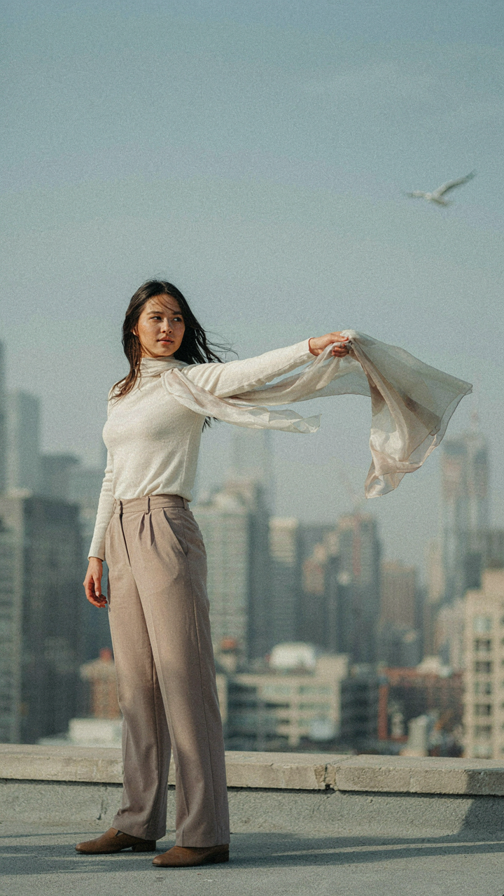 A person tests a scarf in a simulated breeze, showing it's not rooftop ready.