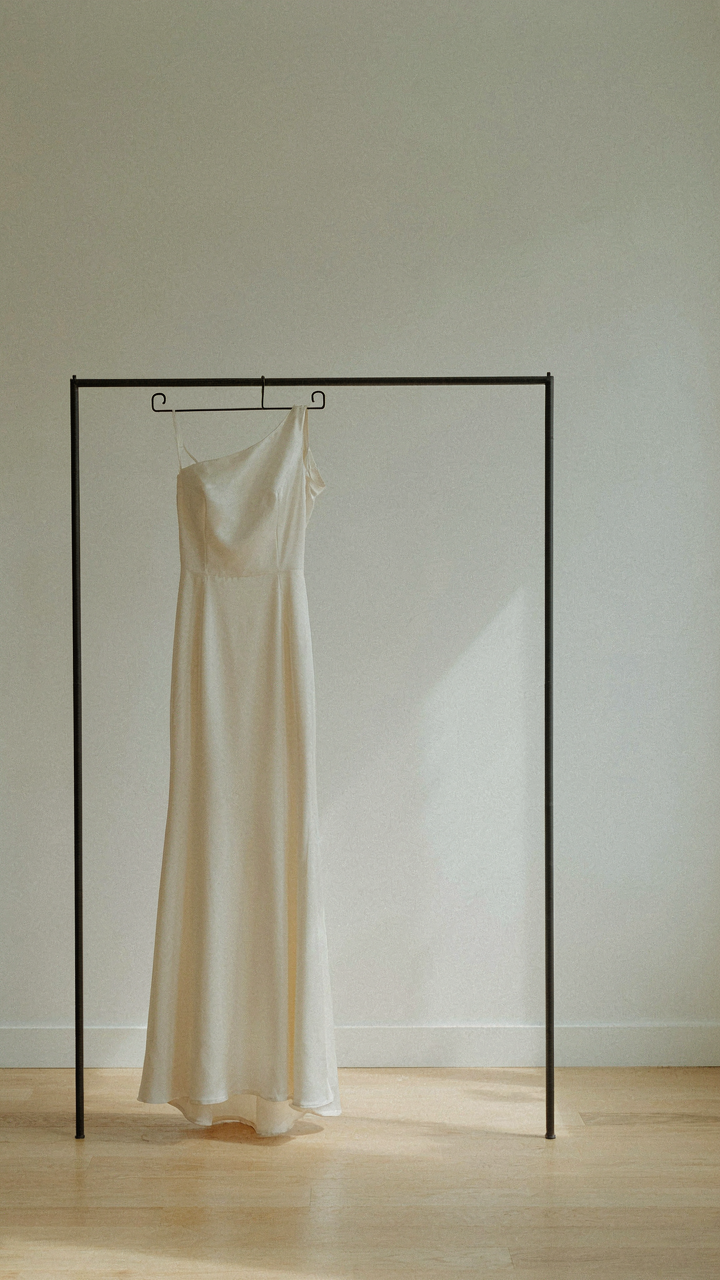A contemporary floor-length dress with an asymmetrical neckline hangs on a rack.