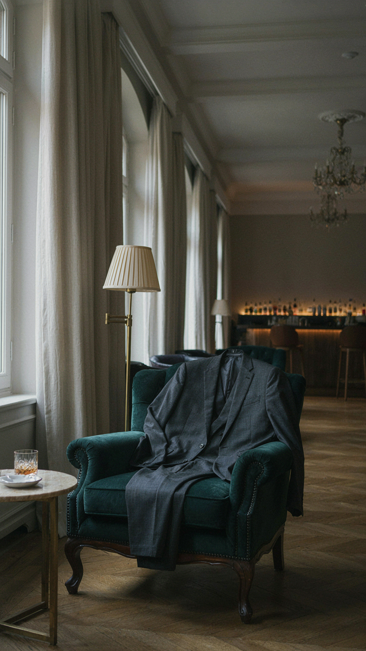 A tailored matching set drapes elegantly over a velvet armchair in a hotel lounge.